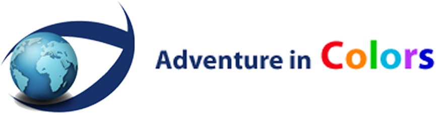Logo featuring a globe with a swoosh and the text "Adventure in Colors," where "Colors" is in various colors.