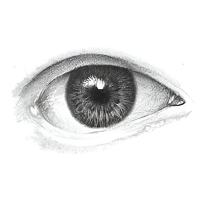 Pencil drawing of a realistic human eye with detailed shading, showing the iris, pupil, and surrounding area.