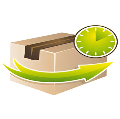 Illustration of a cardboard box with a green clock and arrow, symbolizing express delivery or time-sensitive shipping.