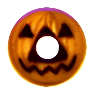 An orange doughnut with a carved pumpkin face design, featuring triangular eyes and nose, and a jagged mouth.